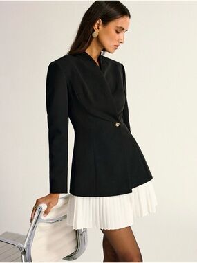 Commense Contrast Pleated Hem Blazer Dress - Large